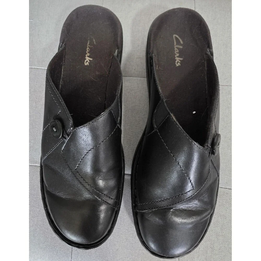 HtF AllYear Clark’s Black Leather Mules Slip On Clogs Wedge Heel Comfort Size 9M